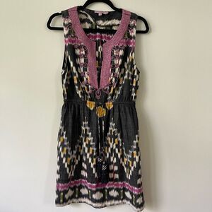 Calypso St. Barth Women's Boho Print Notch Glittery Neckline Black Blouson Dress
